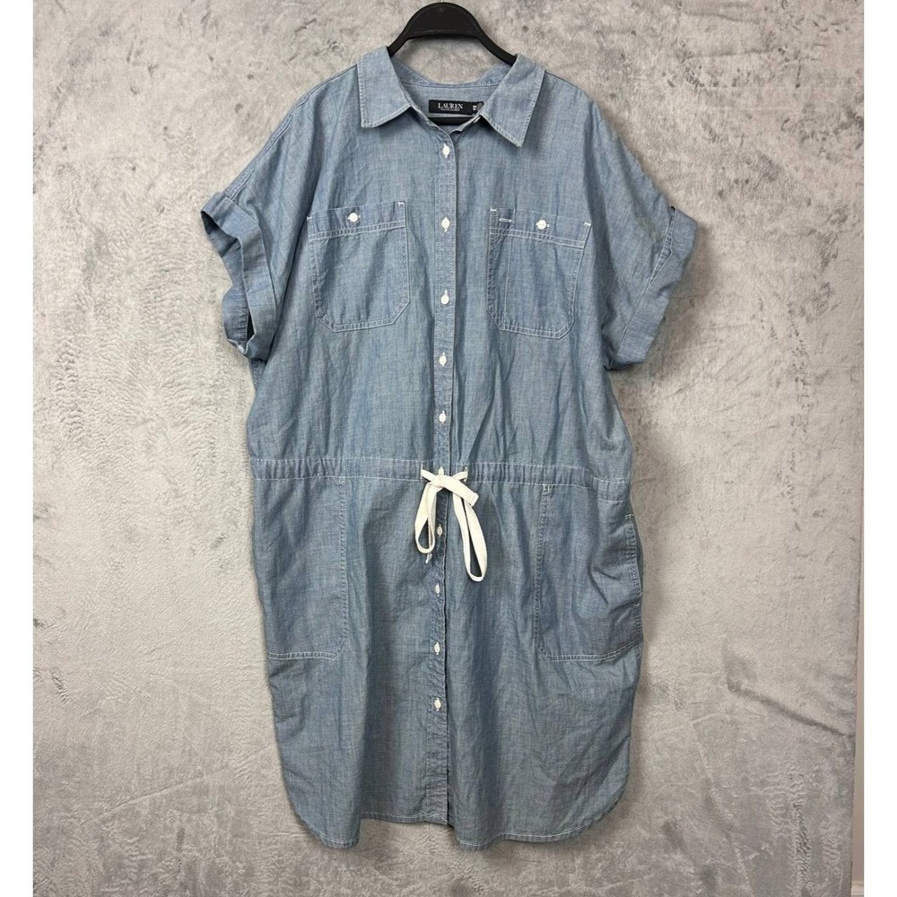 Chambray Shirt Dress Button Front Collared Short Sleeve Tie Waist Blue Plus 1X